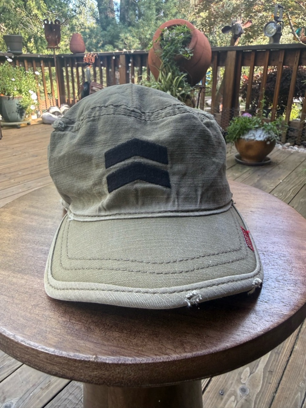 Men's Olive Green Canvas Military-Style Cap with Black Chevron Patch